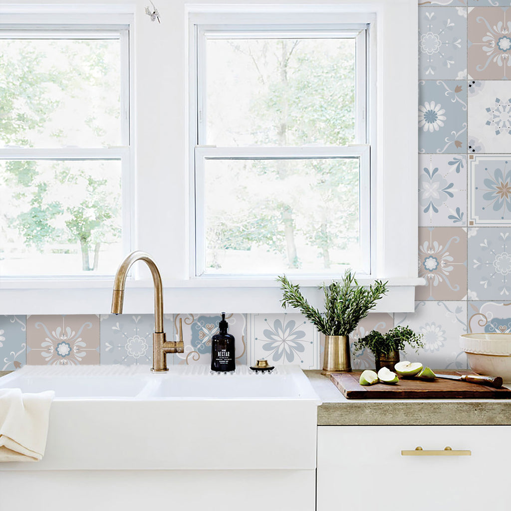 Adesivi per Piastrelle Mattonelle Vintage Blu e Tortora-Più Misure Disponibili - Decochic