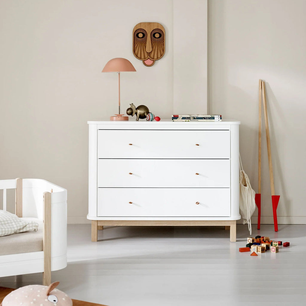 Cassettiera Wood 3 cassetti Bianco e Legno Oliver Furniture (Barriera Opzionale) - Decochic