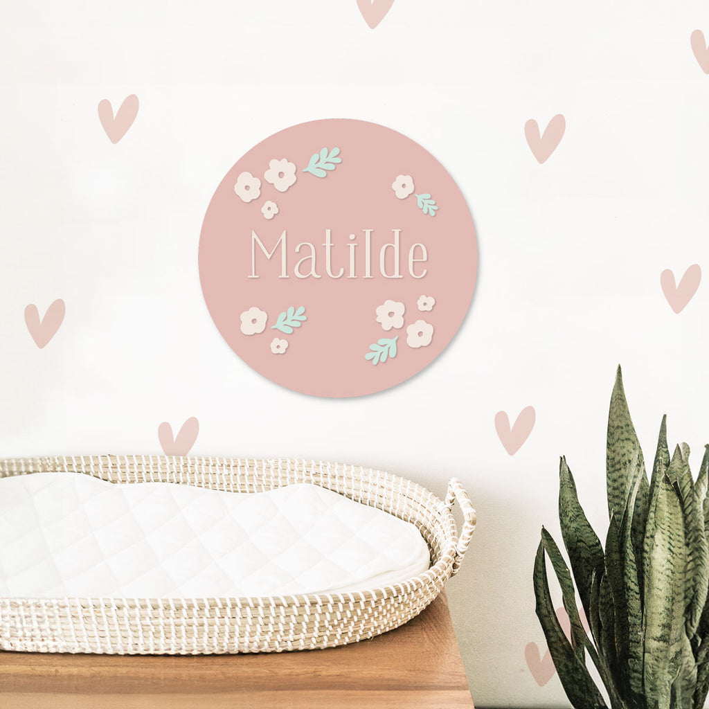 Tondo in Acrilico Rosa a Fiori - Nome Personalizzabile - Decochic