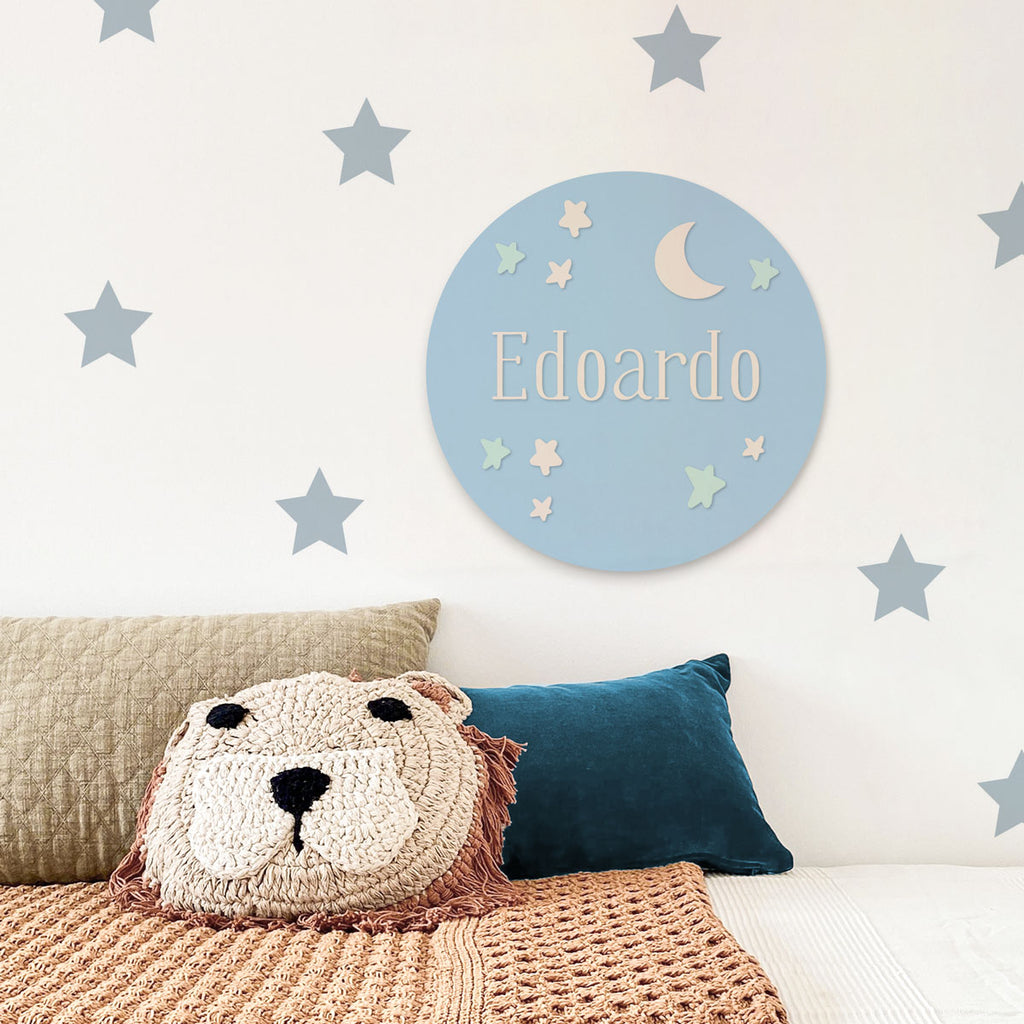 Tondo in Acrilico Azzurro Luna e Stelle - Nome Personalizzabile - Decochic