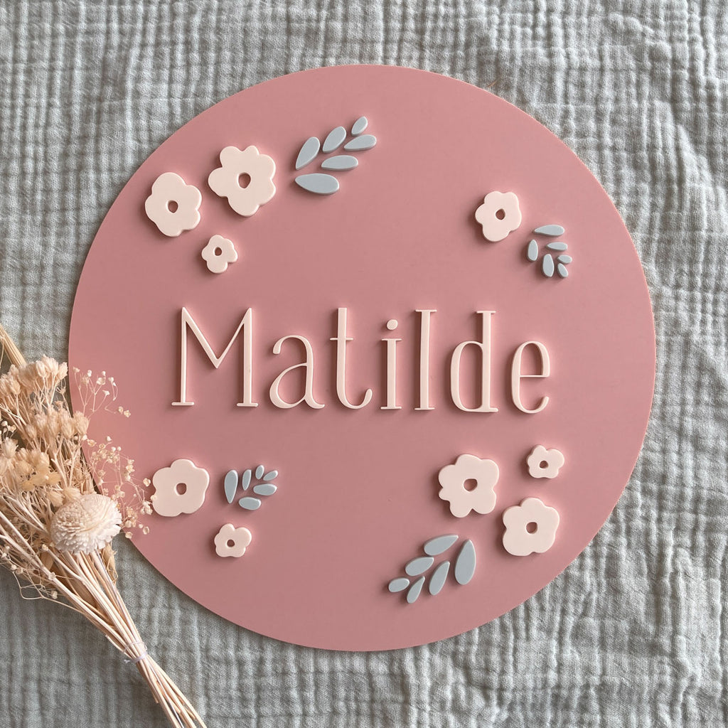 Tondo in Acrilico Rosa a Fiori - Nome Personalizzabile - Decochic