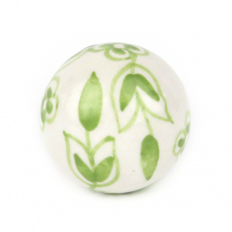 Pomello Grande in Ceramica Bianco a Fiori Verdi - Decochic